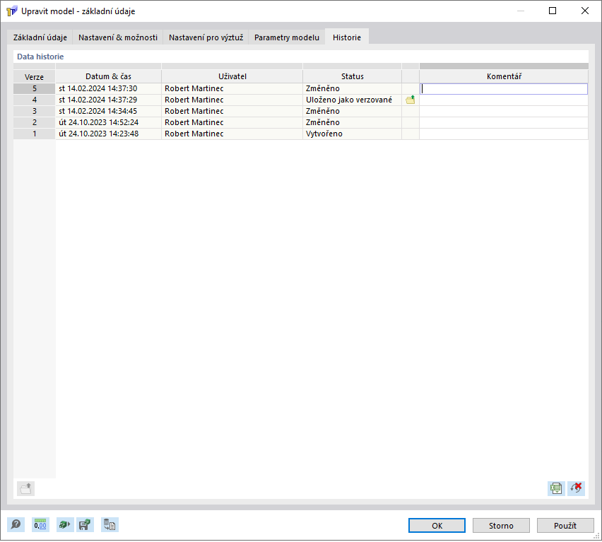 Dialog 'Upravit model - základní údaje', záložka 'Historie'