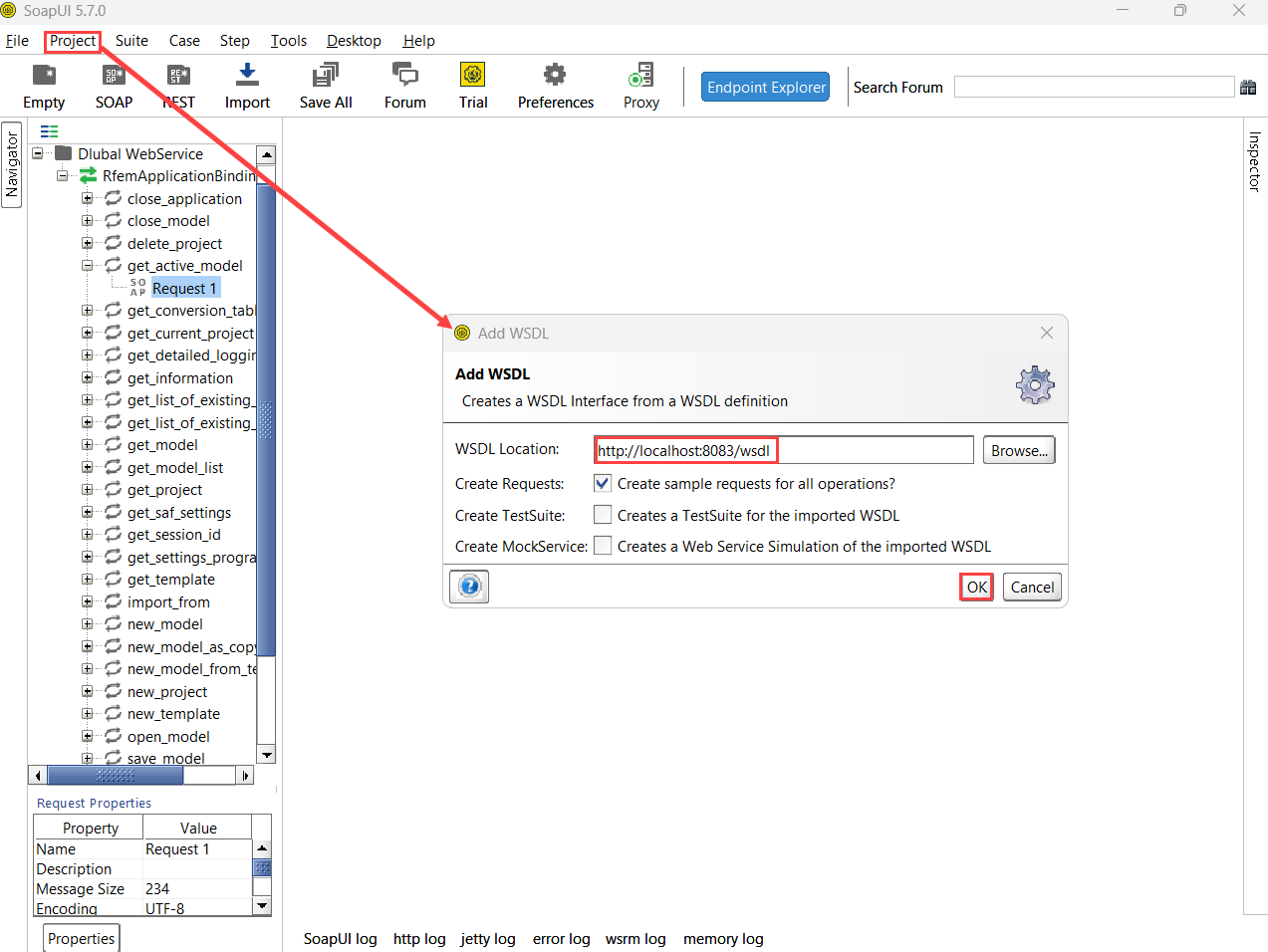 Přidejte službu RfemModel - SoapUI