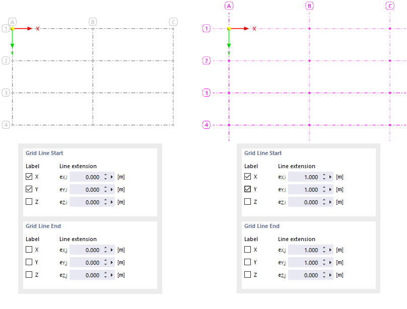 Rastry bez liniového prodloužení (vlevo) a s liniovým prodloužením (vpravo)