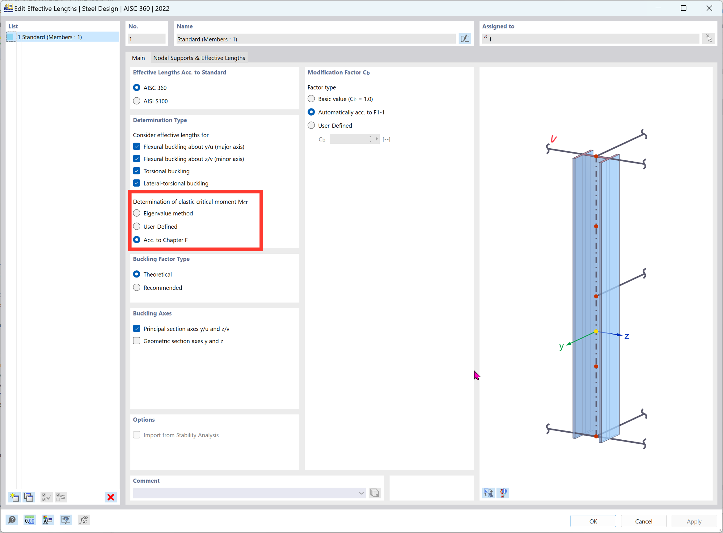 KB 001884 | AISC Kapitola F Porovnání metod výpočtu klopení proti vlastním číslům v programu RFEM 6