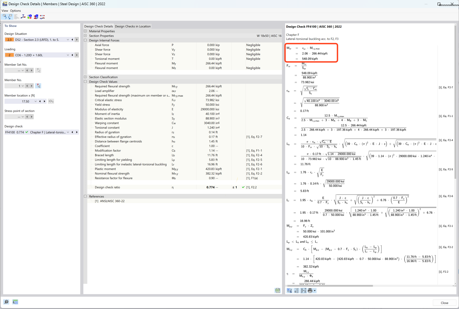 KB 001884 | AISC Kapitola F Porovnání metod výpočtu klopení proti vlastním číslům v programu RFEM 6