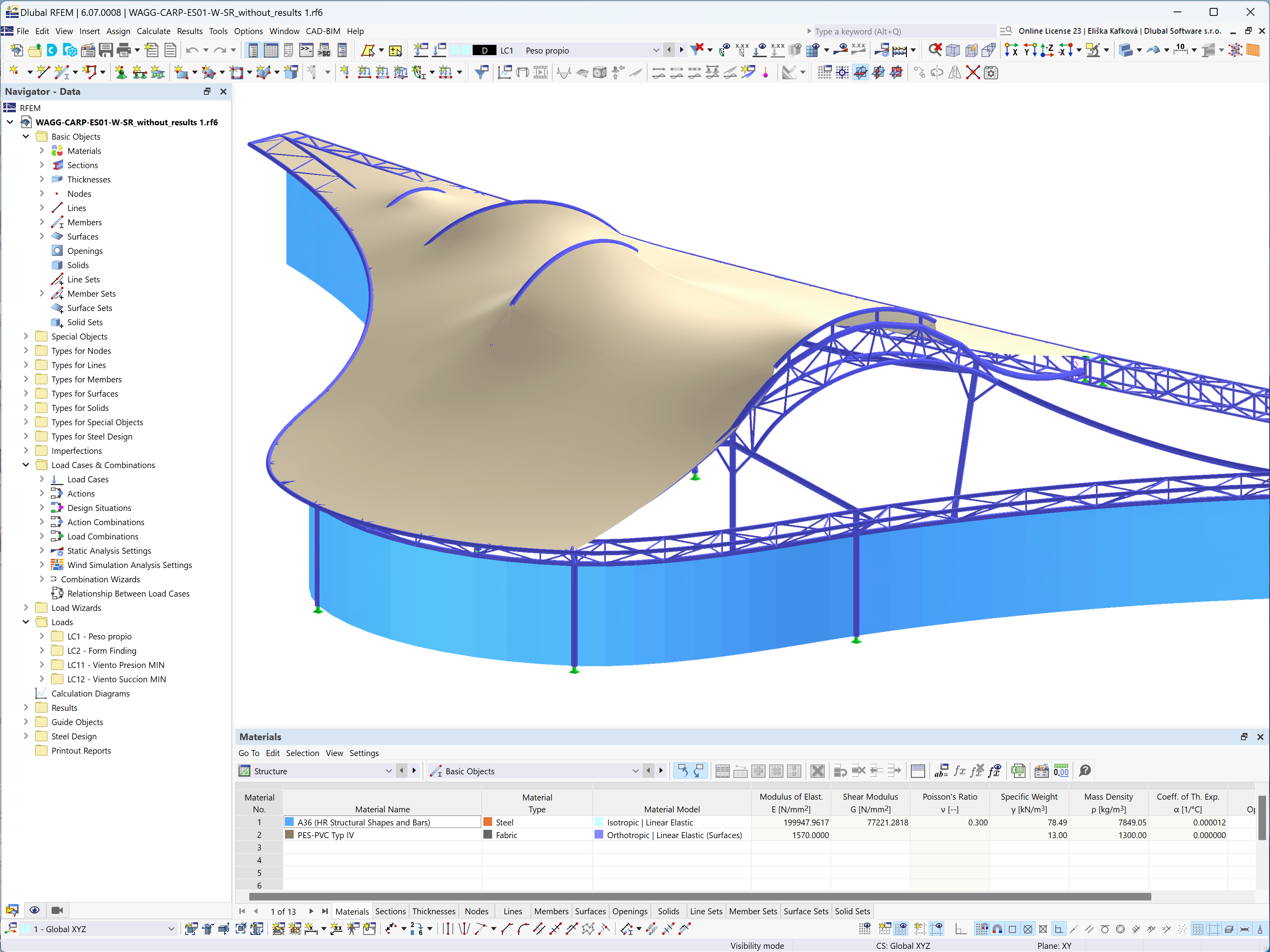 RFEM model s detailem ocelové konstrukce a membrány bez deformací (© Ing. Agustin Alvarez Sarrieta)