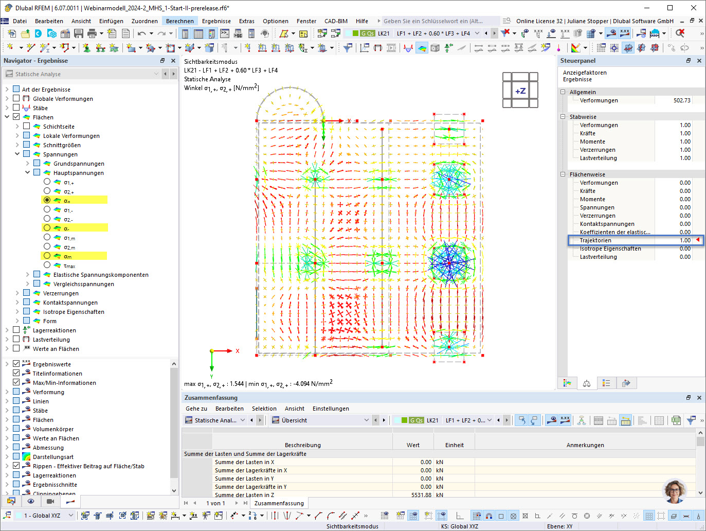 FAQ 005606 | Jak mohu v programu RFEM 6 zobrazit výsledky hlavních napětí s jejich směry jako trajektorie?