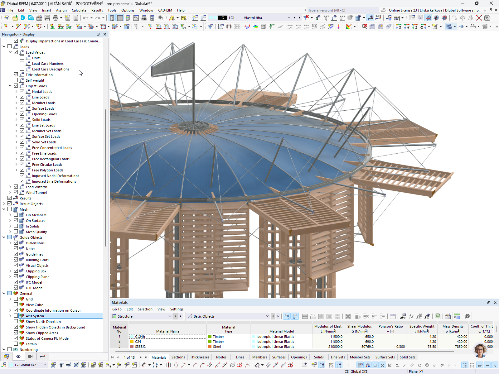 RFEM 6 model | Dřevěná konstrukce kinetického pavilonu na zámku Radíč, Česká republika