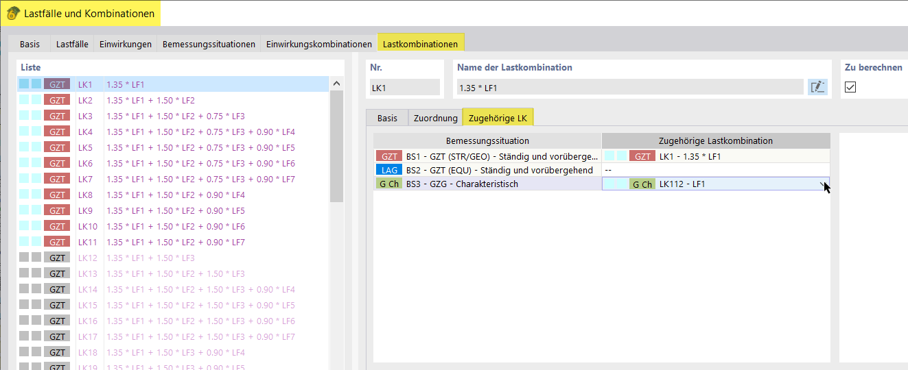 Betonové základy | Zugehörige charakteristische Lastkombination zuweisen