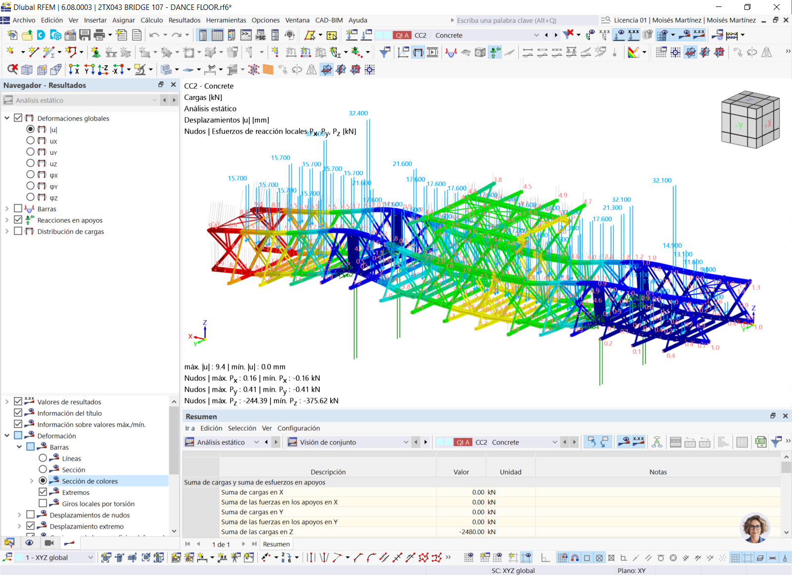 Analýza se zohledněním posunů Dance Floor System v RFEM