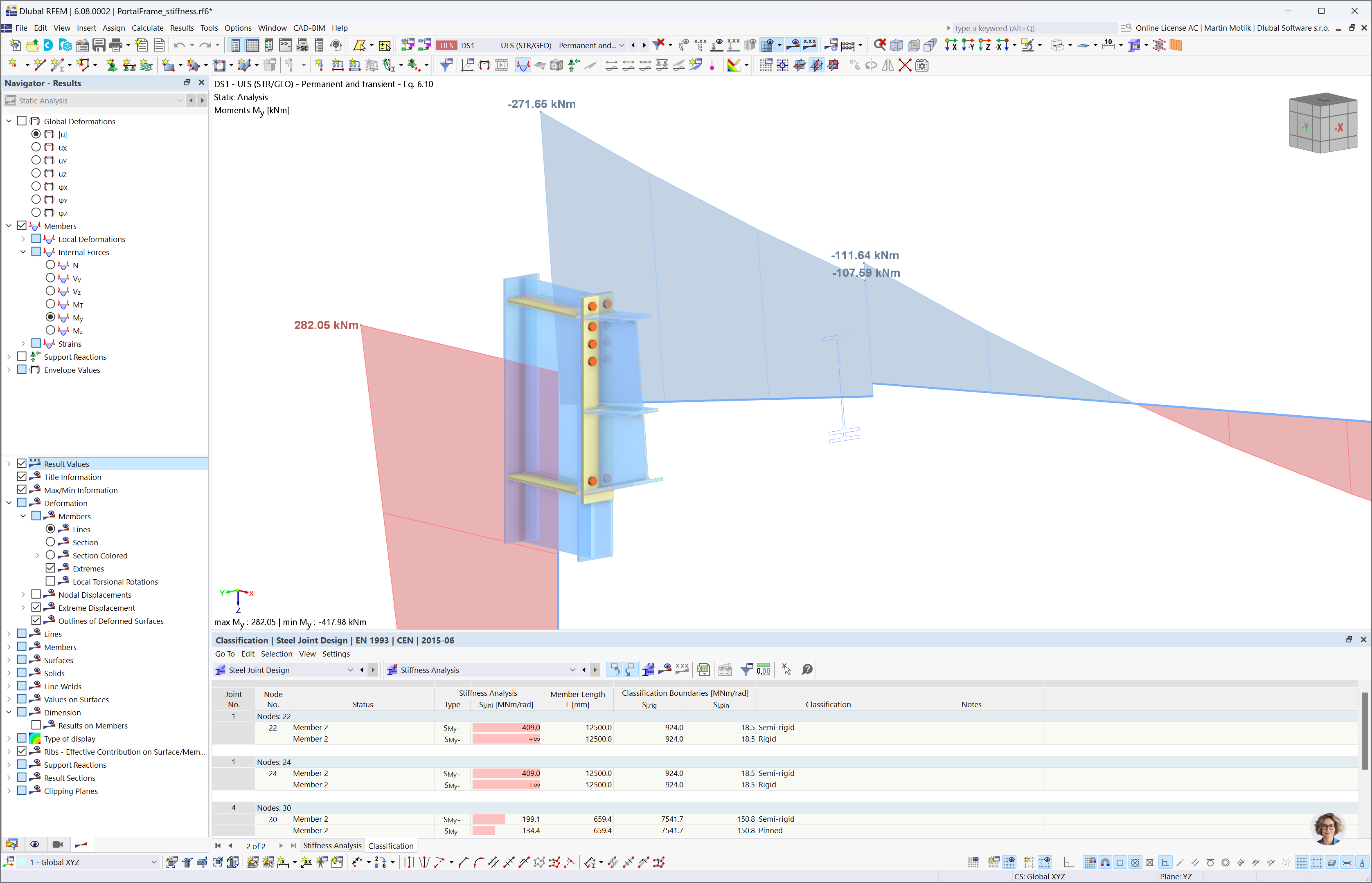 Analýza počáteční tuhosti polotuhých patek v RFEM 6.