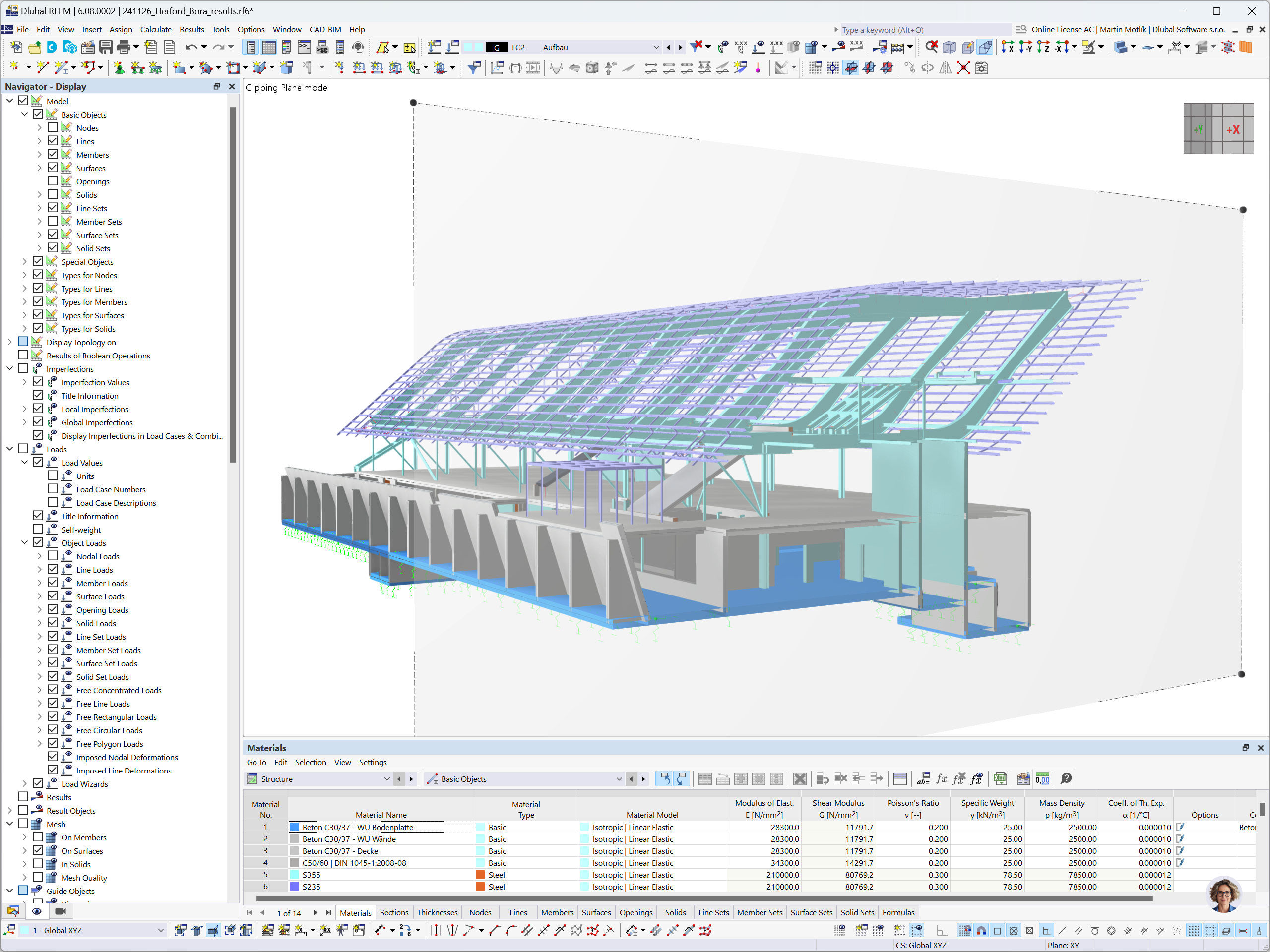 RFEM model vlajkového obchodu BORA v Herfordu se 3D vyobrazením