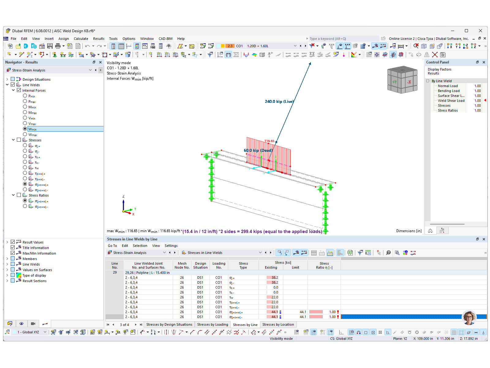 Výsledky napětí v liniových svarech pro návrh koutového svaru podle AISC v RFEM 6