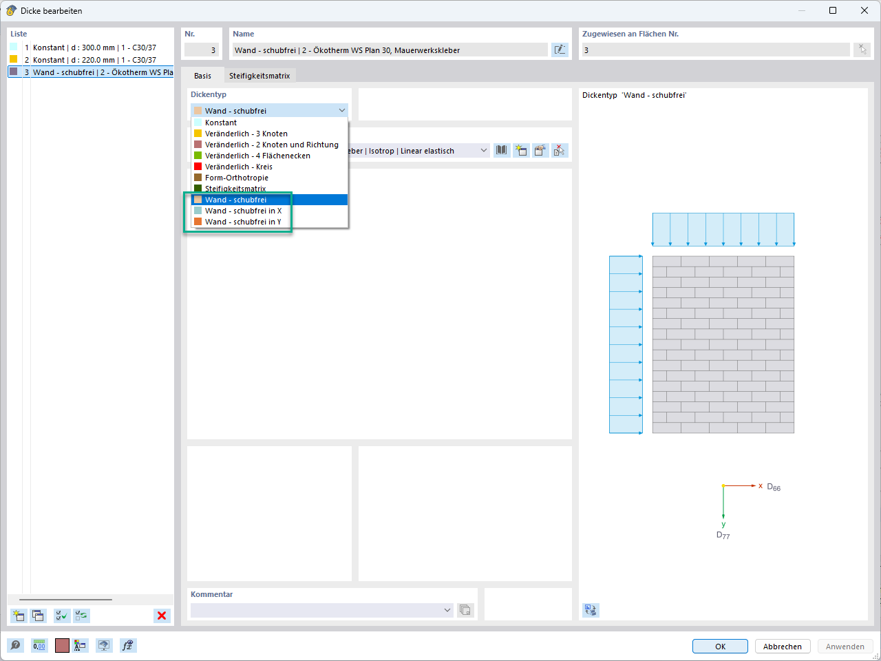 Dialog RFEM pro výběr střihově volných tlouštěk stěn, typy stěn, spojená stěna