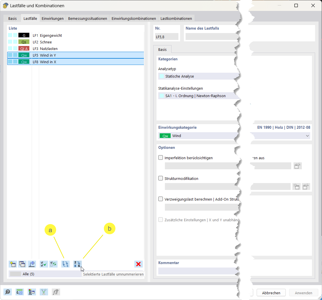 Dialog pro rychlé číslování zatěžovacích stavů v softwaru RFEM firmy Dlubal