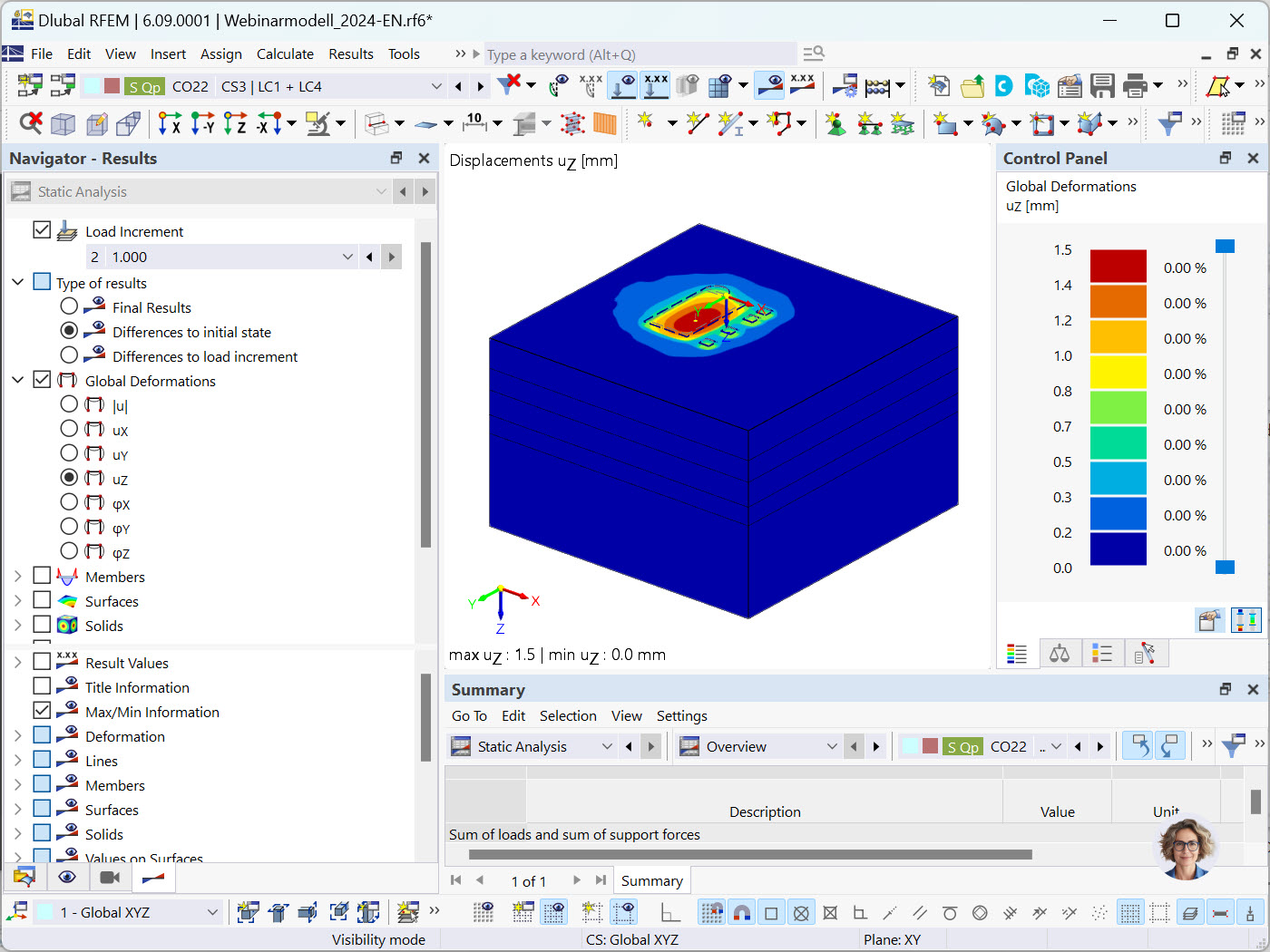 Analýza deformací RFEM 6 během fáze zakládání