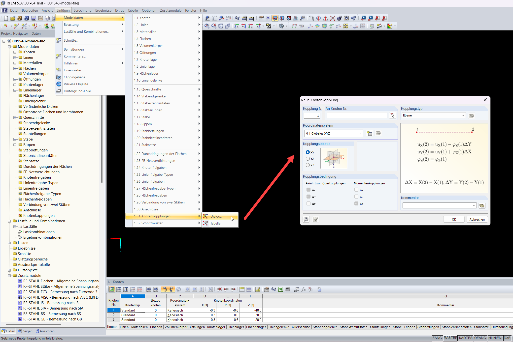 FAQ 005651 | Jak mohu v RFEMu 6 vytvořit spojení uzlů typu diafragma? Možnost "1.31 – Spojení uzlů" v programu RFEM 5 již není v RFEMu 6 dostupná.