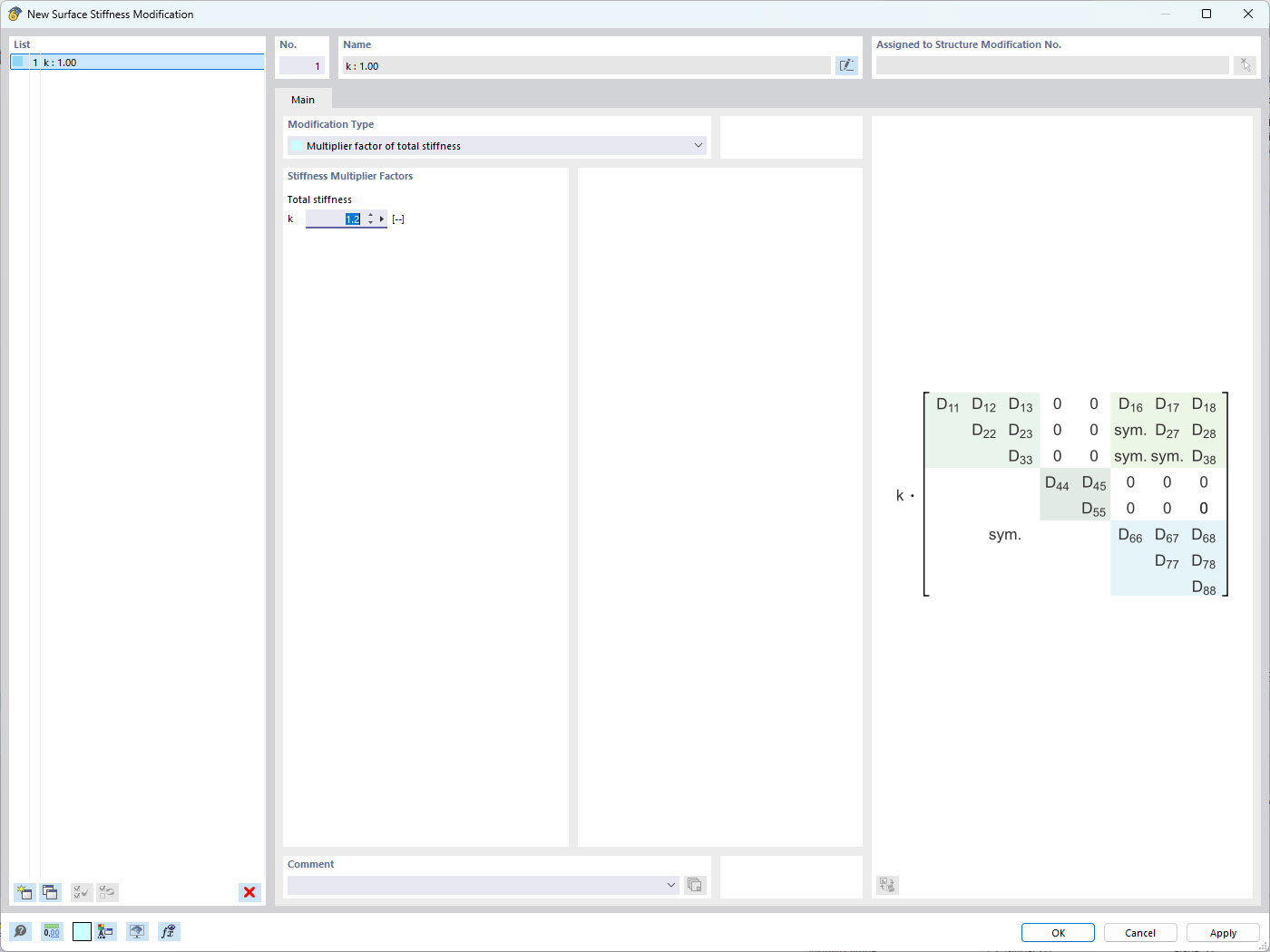 Okno programu RFEM 6 pro změnu tuhosti plochy s jednotlivým součinitelem násobení tuhosti