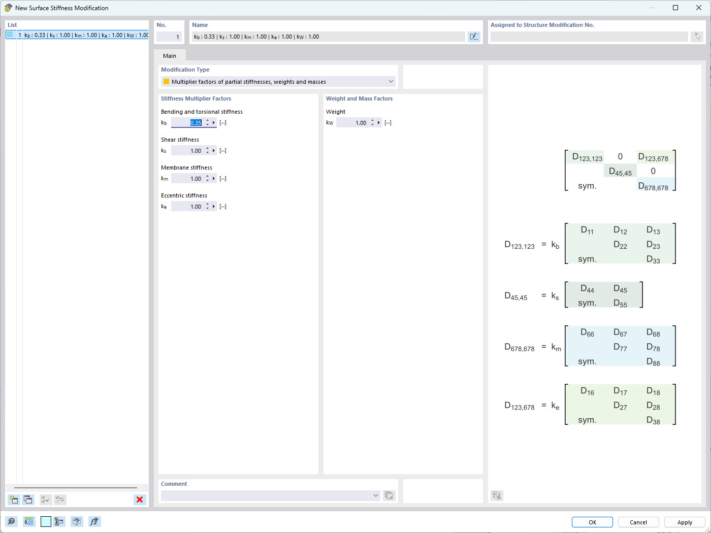 Okno programu RFEM 6 pro změnu tuhosti plochy pomocí násobitelů členů matice