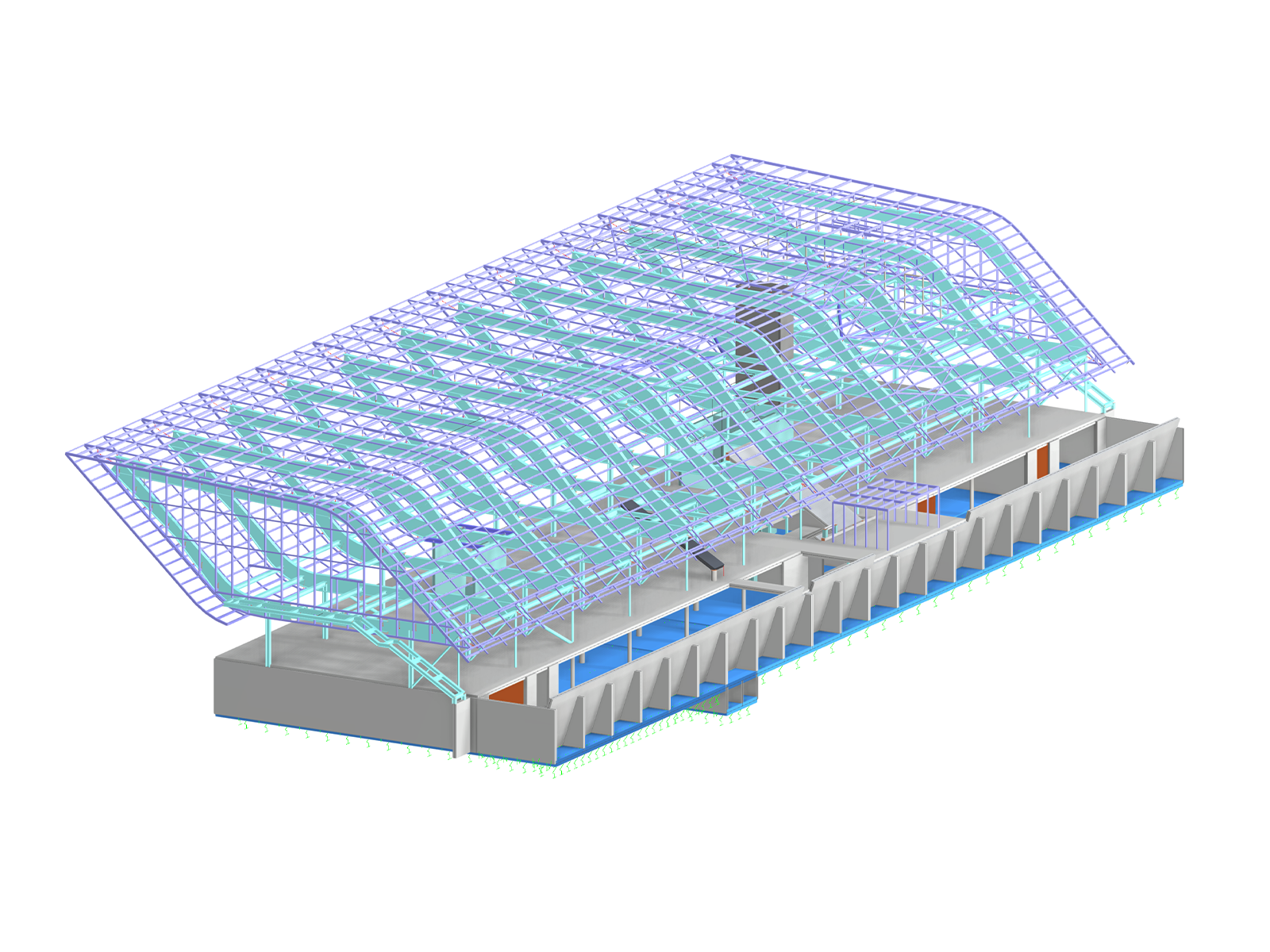 Model RFEM vlajkového obchodu BORA v Herfordu s 3D řezem a levitující konstrukcí