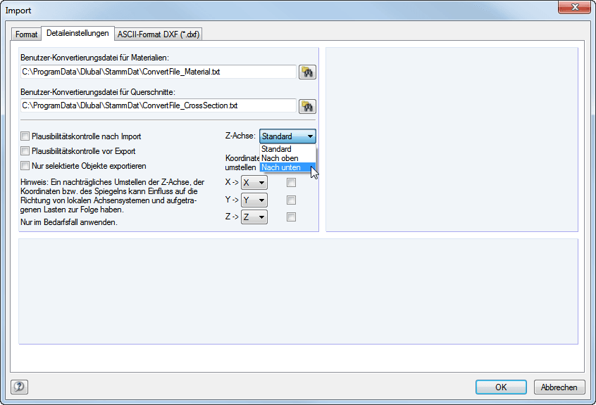 Detail-Einstellungen für den Import