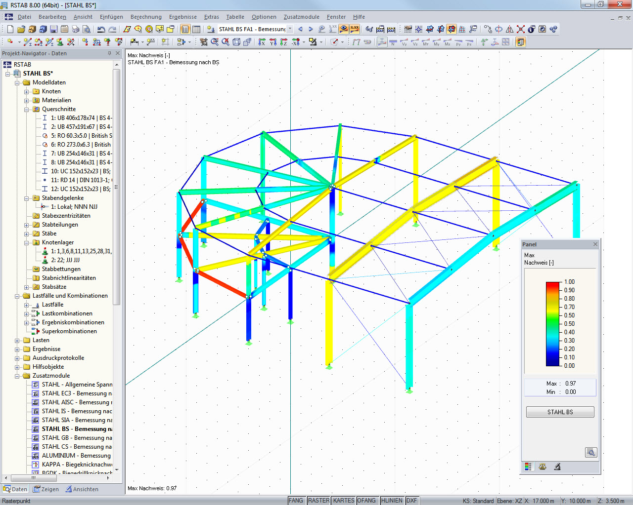 Bemessungsergebnisse von RF-/STAHL BS im 3D-Rendering