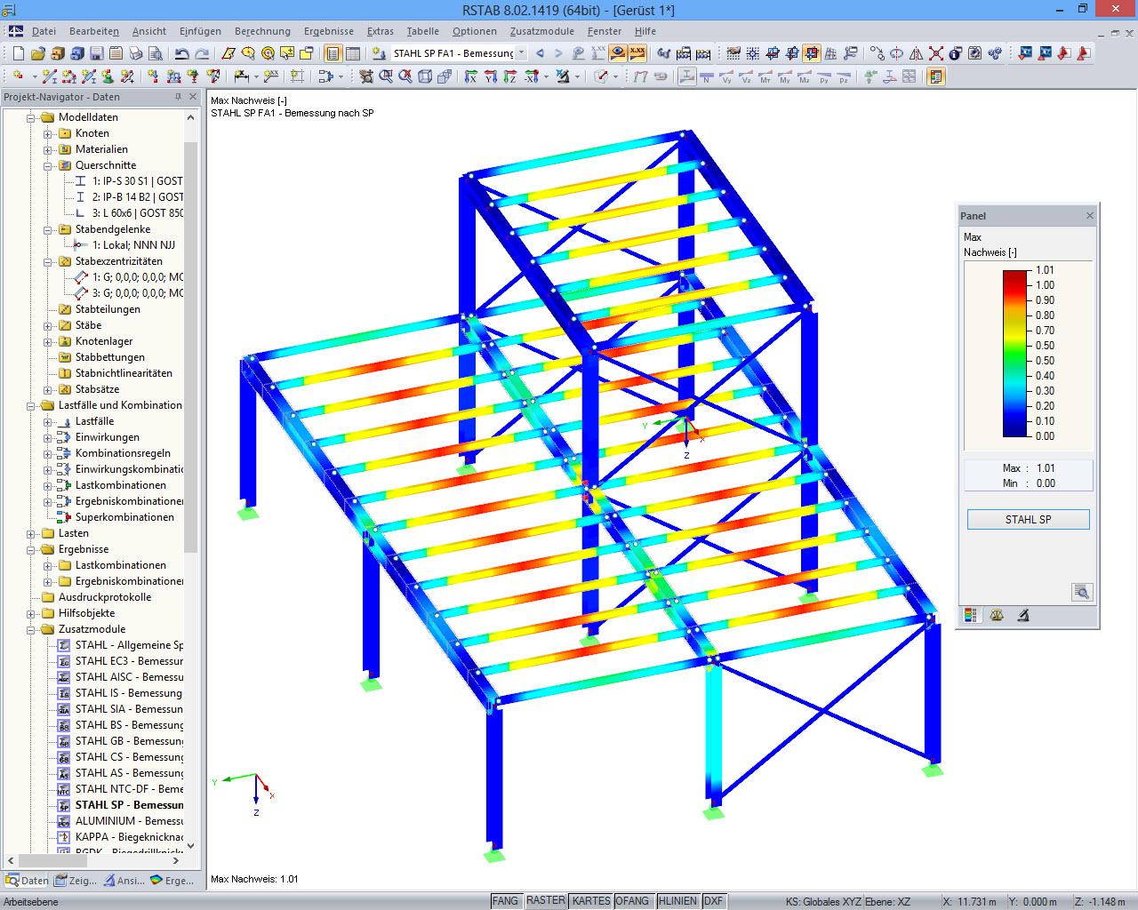 Bemessungsergebnisse von RF-/STAHL SP im 3D-Rendering