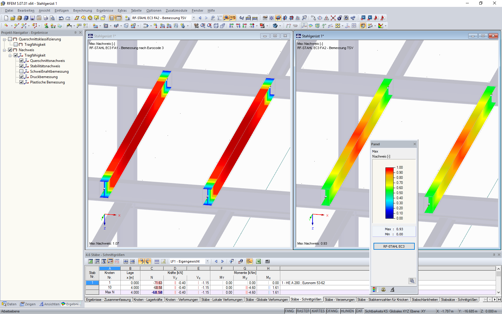 Stahlbemessung in RFEM ohne (links) und mit (rechts) RF-STAHL Plastizität