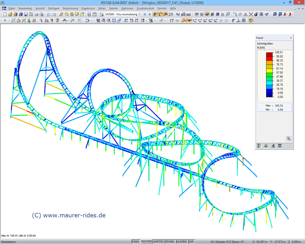 Dragon Flight, X-Train Flying Launch Coaster in Ningbo (China) | Realisiert mit RSTAB von Maurer Söhne GmbH & Co. KG, München | www.maurer-rides.de