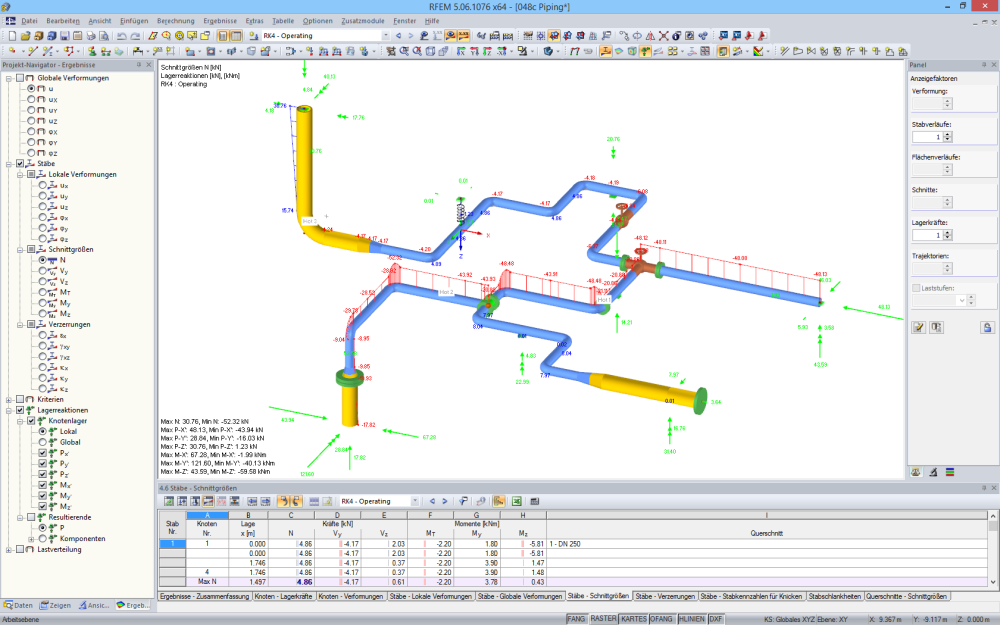 Schnittgrößen der Rohrleitungsberechnung in RFEM