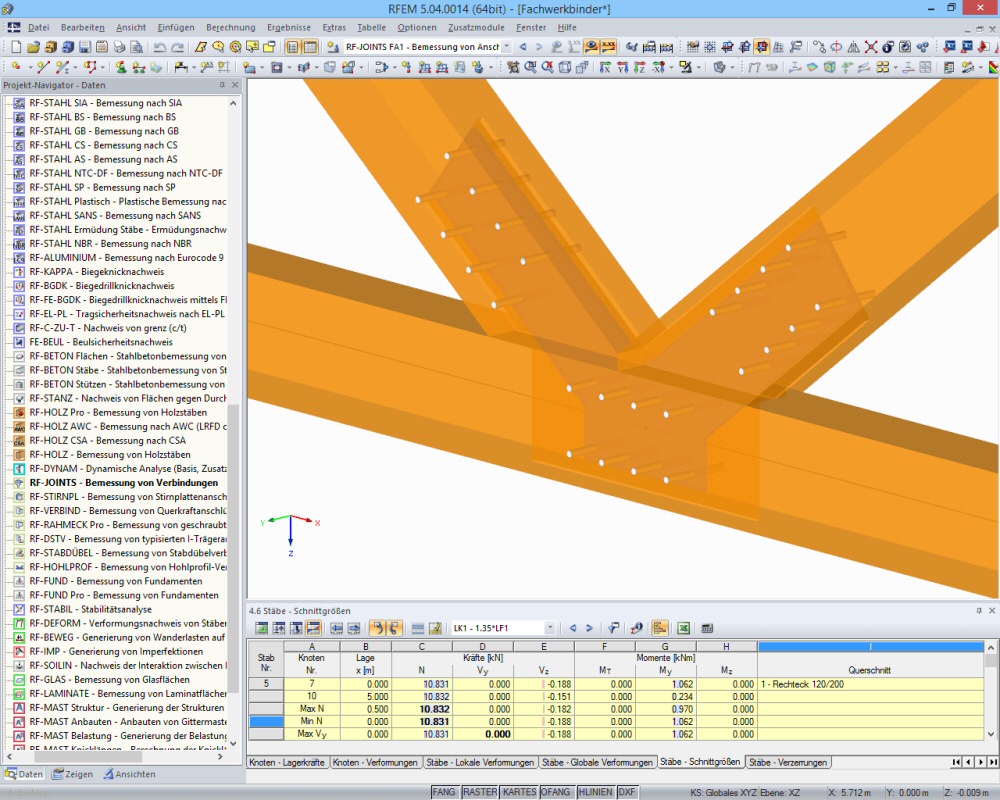 Visualisierter Anschluss aus RF-JOINTS Holz - Stahl zu Holz in RFEM