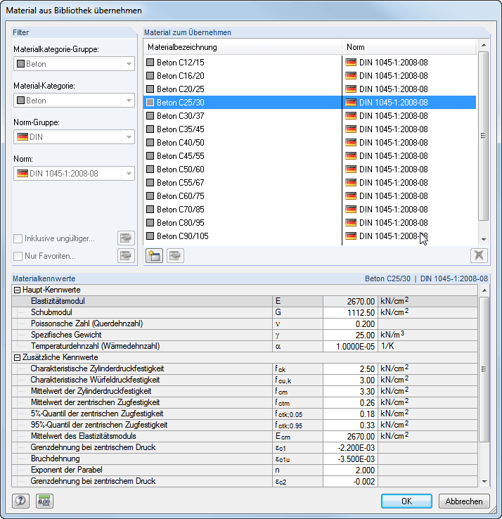 Materialbibliothek - Betone nach DIN 1045-1