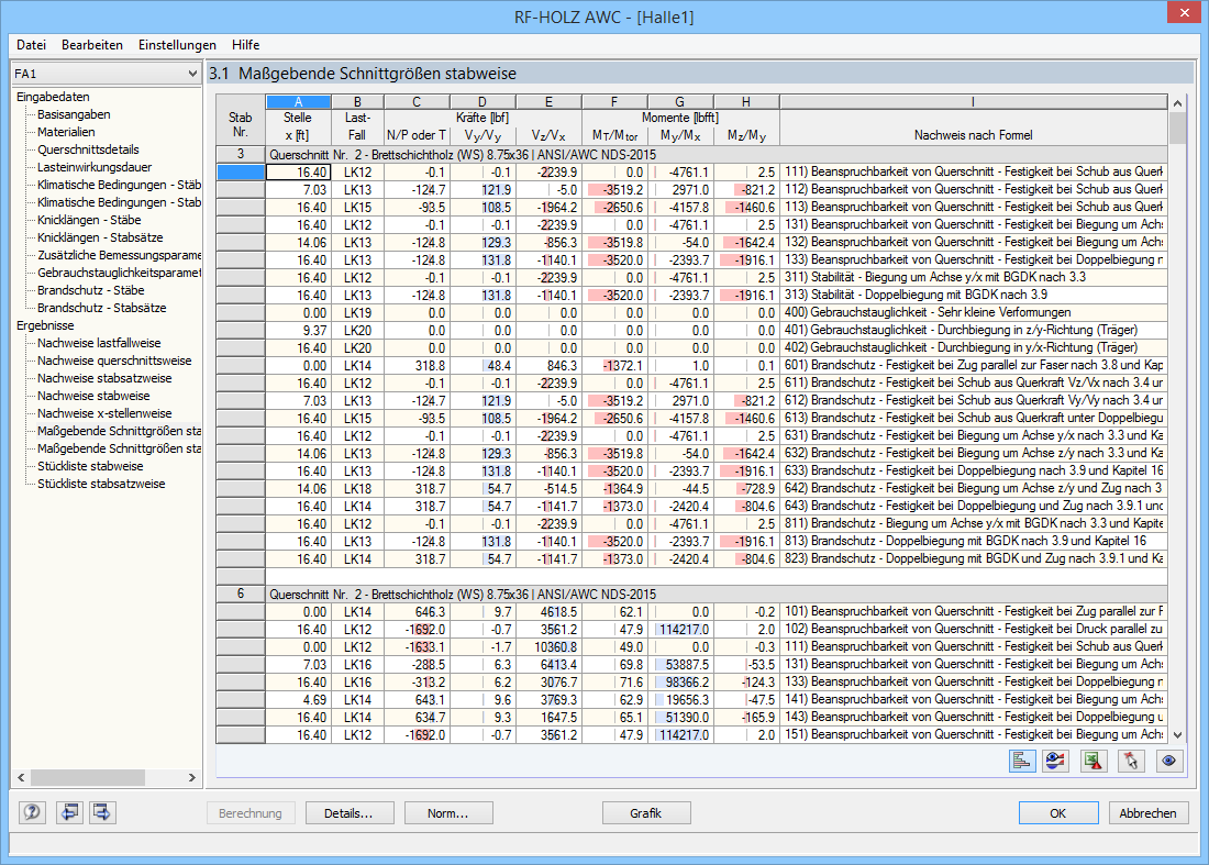 Maske 3.1 Maßgebende Schnittgrößen stabweise
