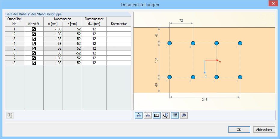 Detaileinstellungen für die Stabdübelgruppe