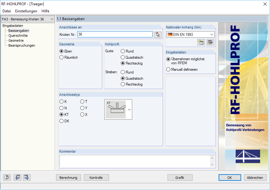 Basisangaben zum Nachweis eines ebenen Fachwerkknotens mit Übernahme der Daten aus RFEM