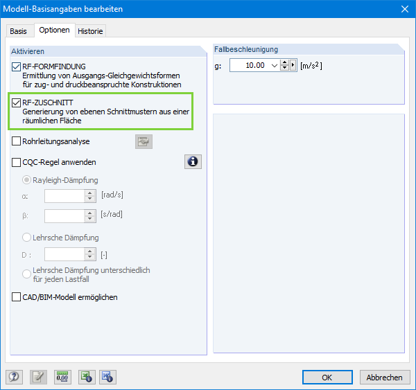 Aktivierung von RF-ZUSCHNITT in den RFEM-Basisangaben