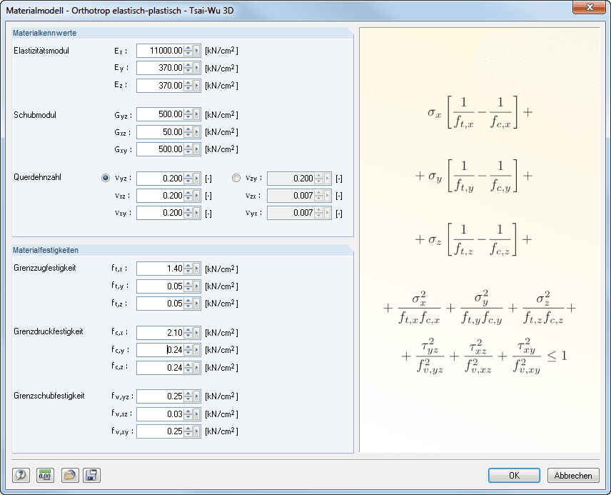 Materialmodell Orthotrop elastisch-plastisch 3D (Tsai-Wu 3D)