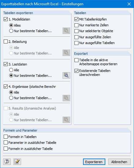 Einstellungen der Exporttabellen nach MS Excel