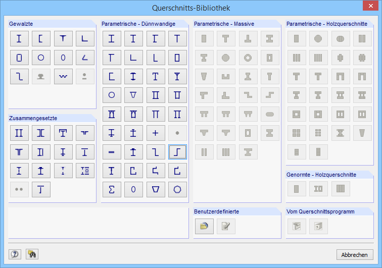 Dialog "Querschnitts-Bibliothek" zur Auswahl der Querschnittsform