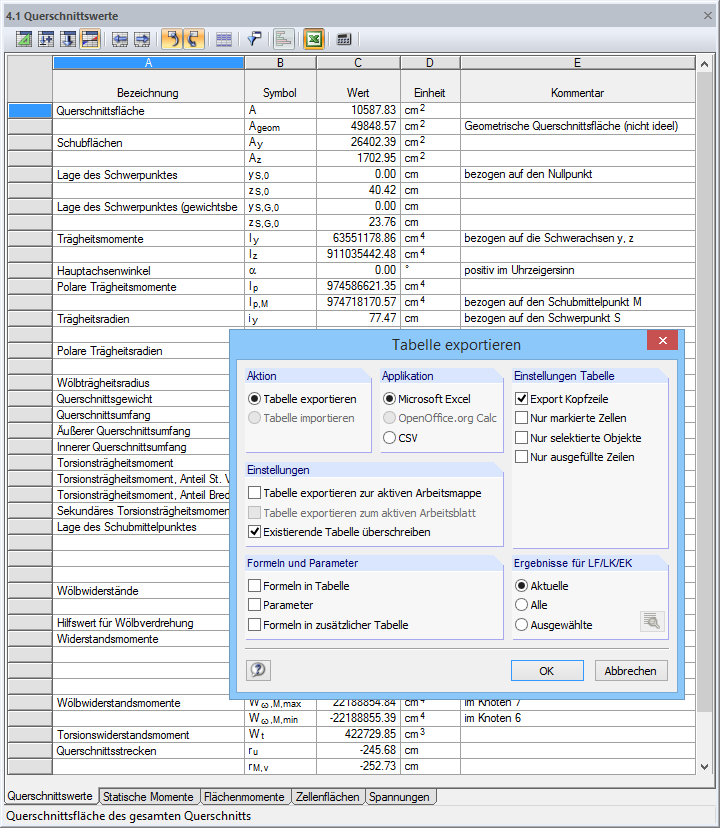 Export der Daten zu MS-Excel