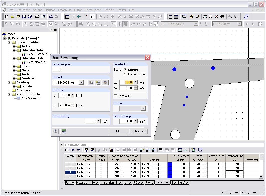 Querschnittswerte-Programm DICKQ - Grafisches Setzen einer Punktbewehrung