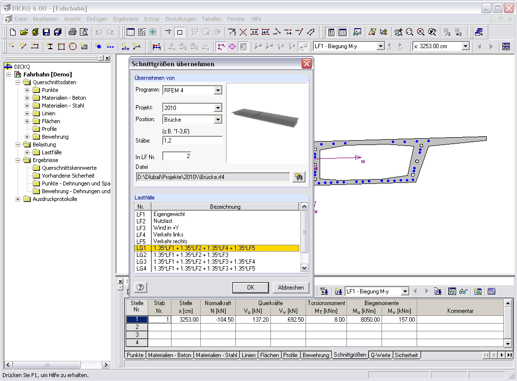 Querschnittswerte-Programm DICKQ - Schnittgrößen aus RFEM oder RSTAB übernehmen