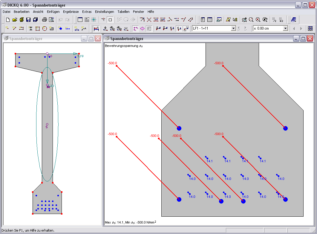 Querschnittswerte-Programm DICKQ - Bewehrungsspannungen eines Spannbetonträgers