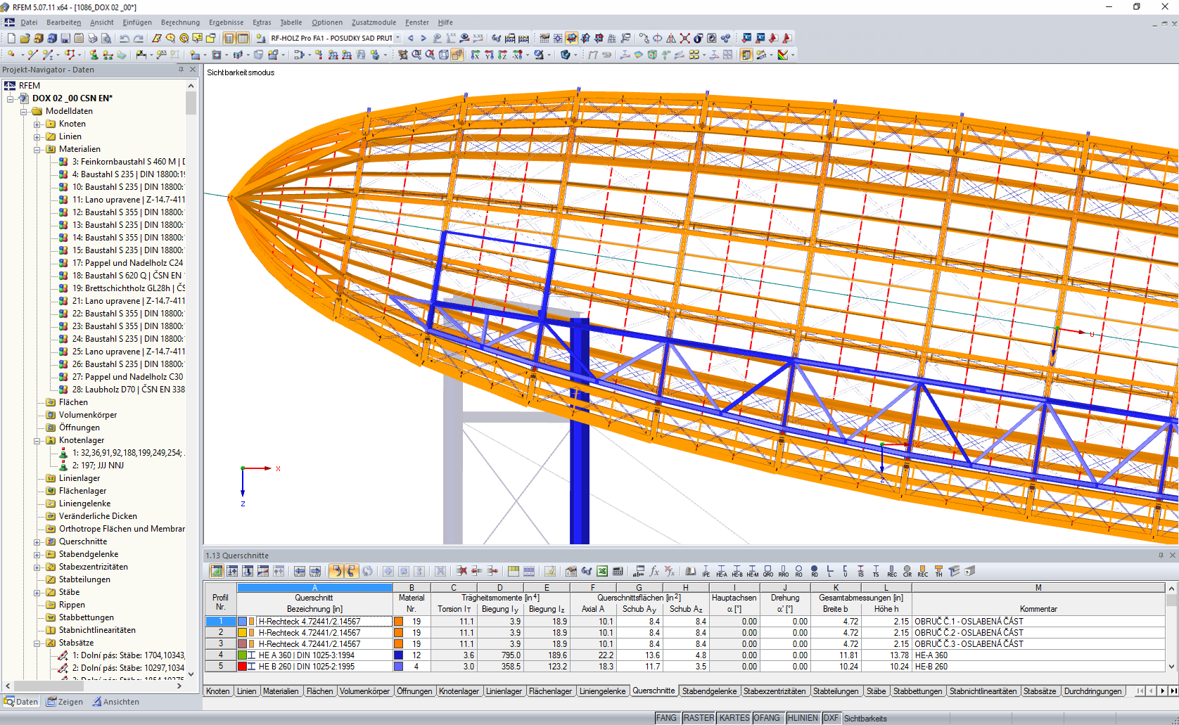 Ansicht in Längsrichtung der Zeppelinstruktur in RFEM