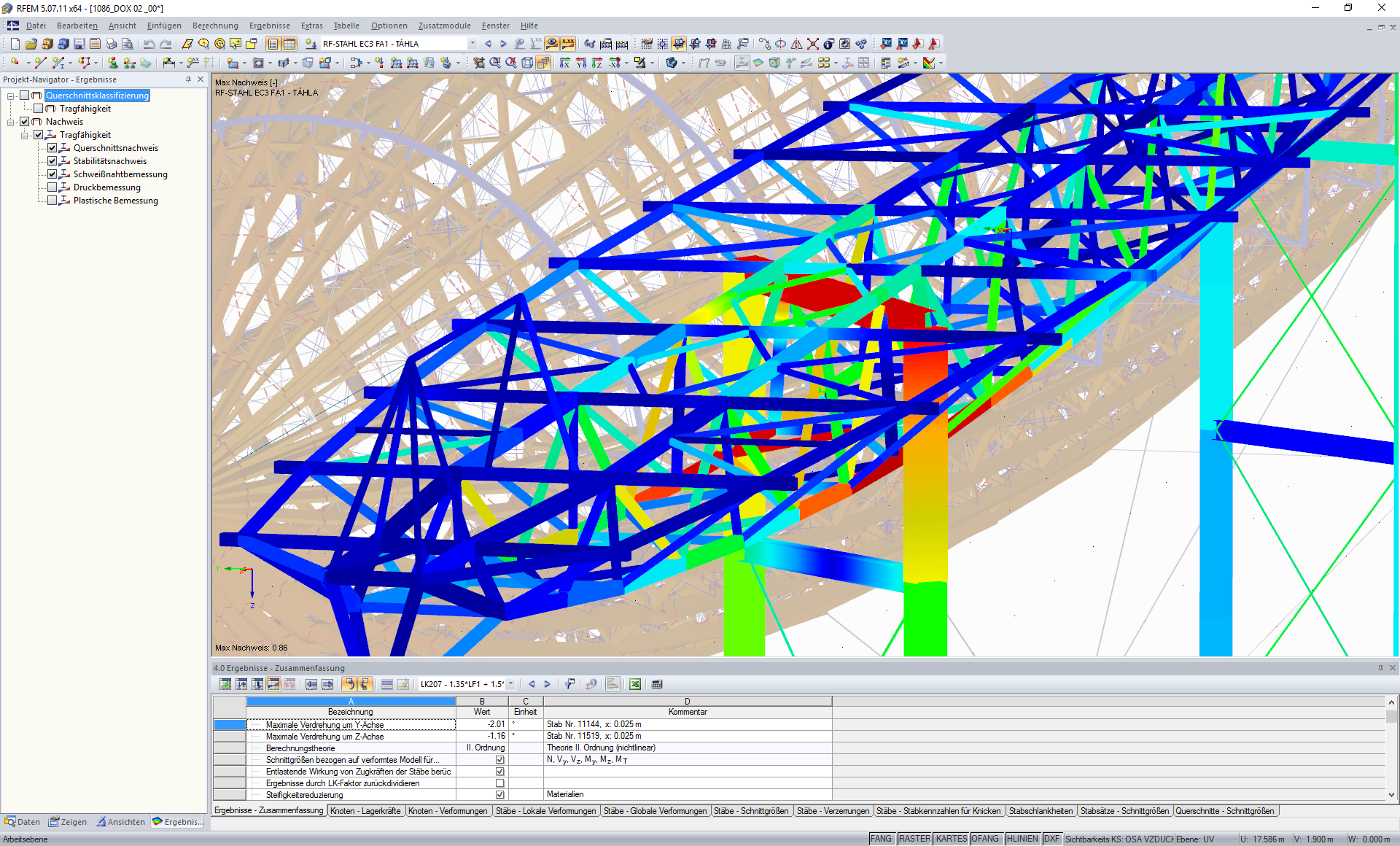 Bemessungsergebnisse der Tragkonstruktion sowie der Stützen aus Stahl in RF-STAHL EC3
