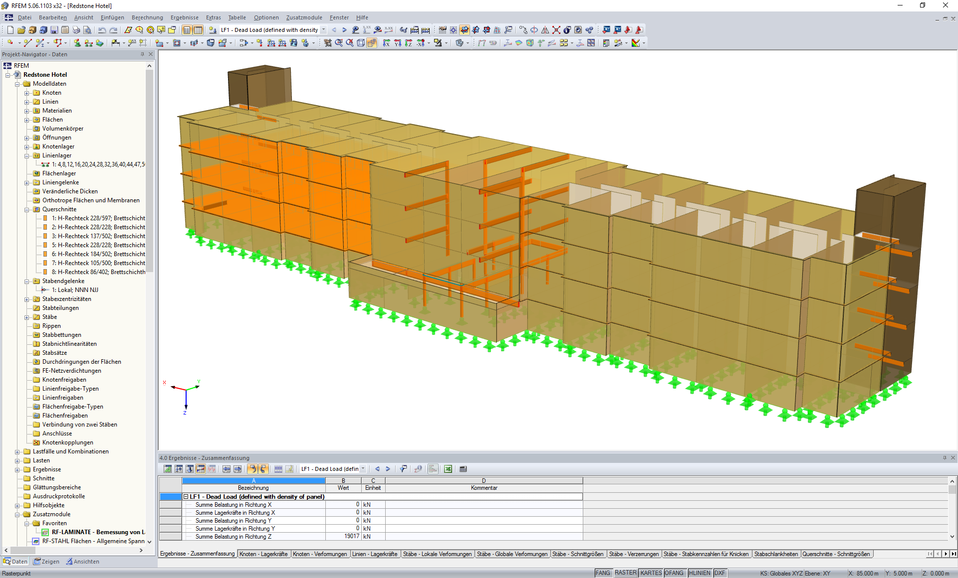 3D-Modell der Hotelskonstruktion in RFEM