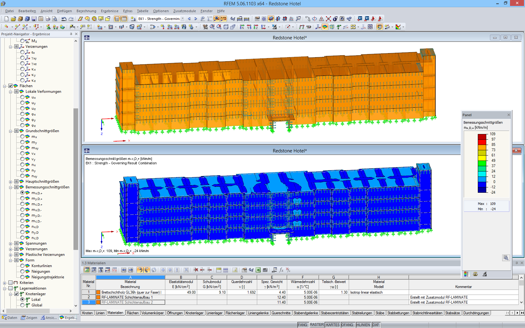 3D-Modell (oben) und Schnittgrößendarstellung (unten) der Holztragkonstruktion in RFEM (© www.nordic.ca, www.schaefer-inc.com)