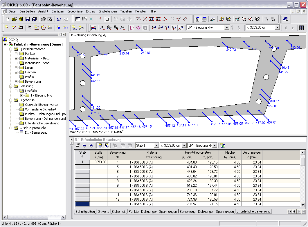 Querschnittswerte-Programm DICKQ | Ergebnisse - Stahlspannungen und erforderliche Bewehrung