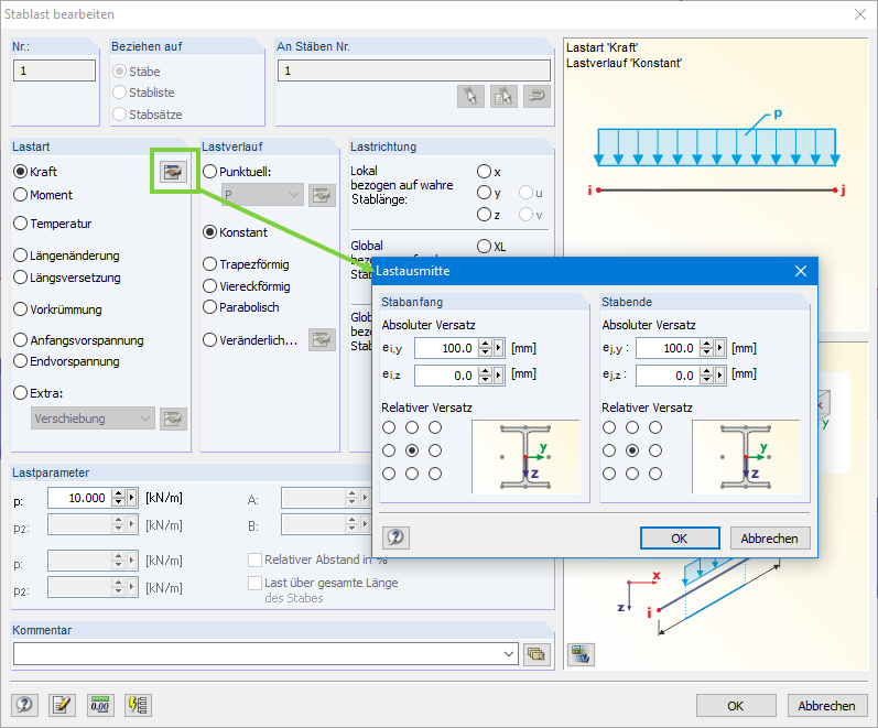 Definition einer Lastausmitte für eine konstante Stablast in RFEM