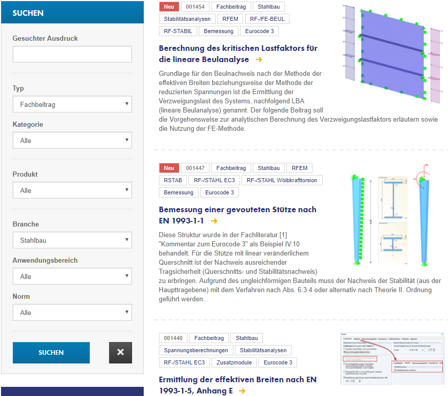 Fachbeiträge zum Thema „Stahlbau“ auf der Dlubal-Webseite „Knowledge Base“