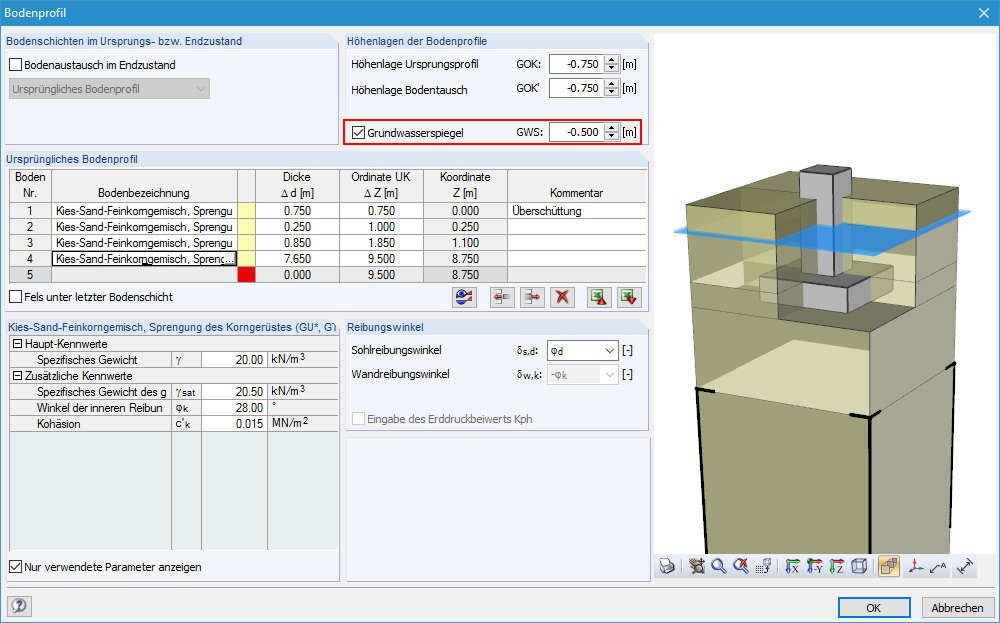 Bild 01 - Grundwasserstand für das Bodenprofil aktivieren