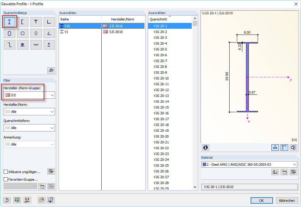 Bild 01 - Virtual Joists und Virtual Joist Girders in der Querschnittsdatenbank