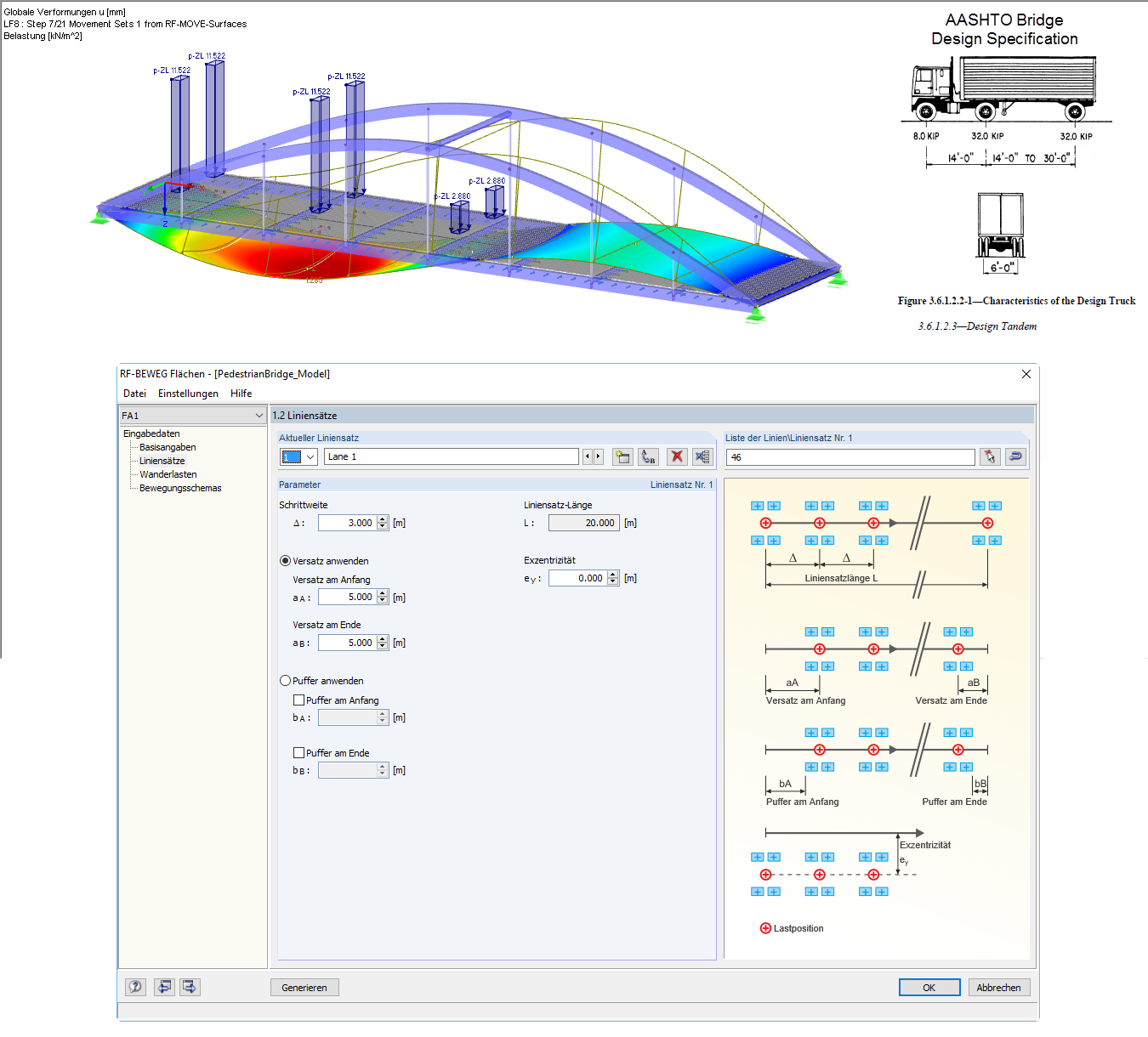 Bild 02 - Generierte Wanderlastfälle aus RF-BEWEG Flächen am RFEM-Modell