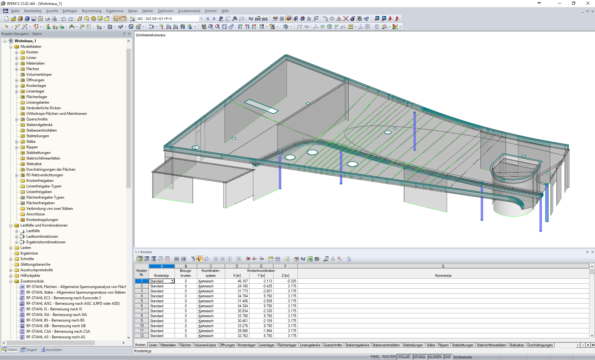 Bild 01 - RFEM-Modell mit vorgespannter Decke eines Wohnhauses